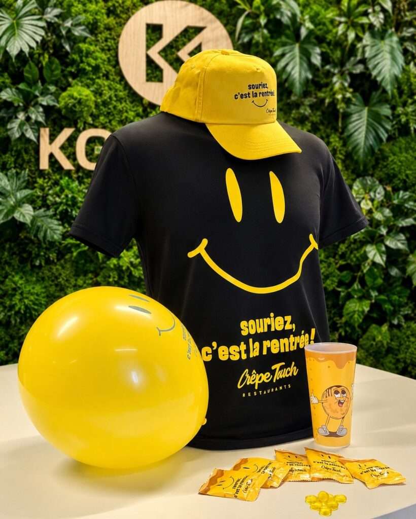 goodies publicitaires sur mesure pour Crêpe Touch : t shirt, ballon, casquette, éco cup et bonbons